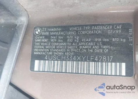 2000 BMW Z3 2.8 из США, поврежденный, VIN 4USCH334XYLF42817